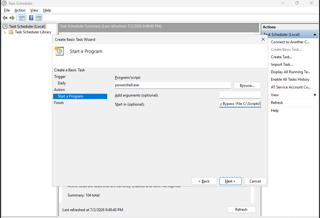 Windows VPS Create Basic Task wizard showing powershell.exe and script arguments