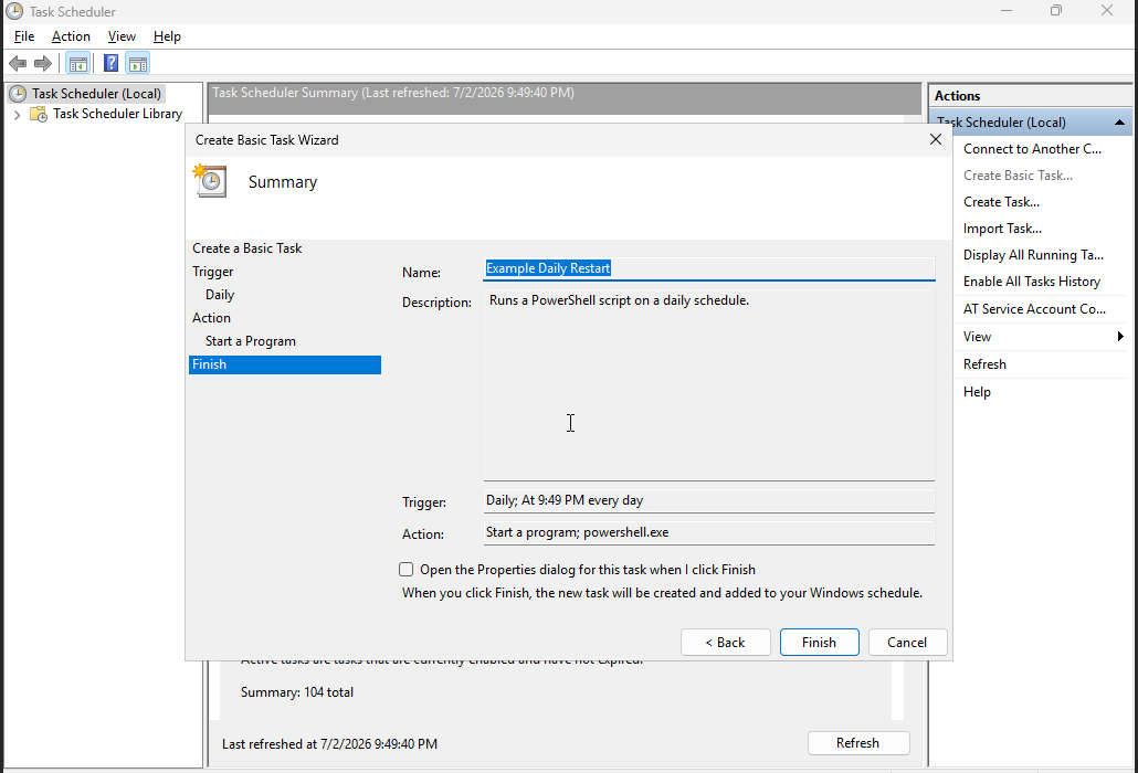 Windows VPS Create Basic Task wizard summary before finishing the task