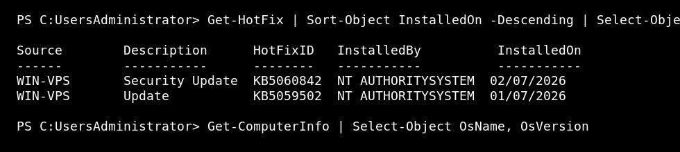 Windows VPS PowerShell showing recent installed Windows updates