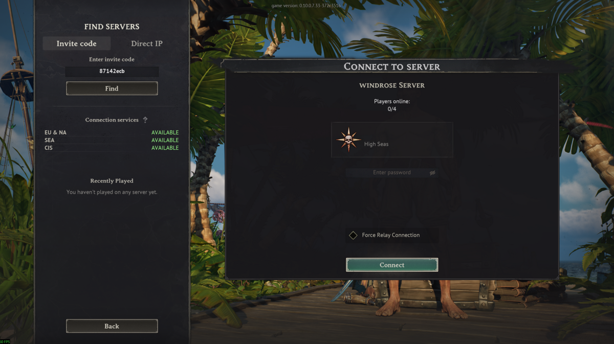 Windrose invite code server result with Connect button